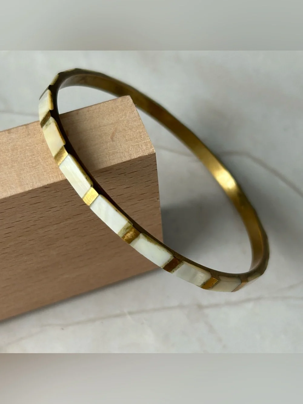 Abalone Mother of Pearl Gold and White Inlay Bangle Bracelet